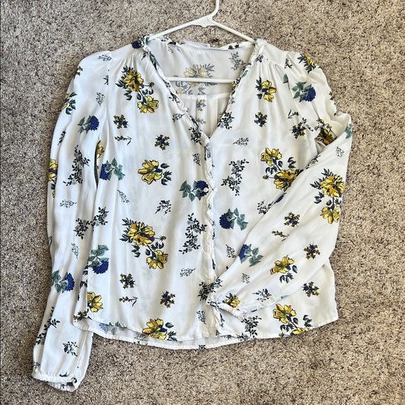 Mango Tops - MNG by Mango Casual Floral Button Front Blouse Size XXS White Yellow Blue